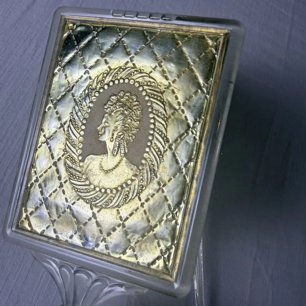 Vintage Vanity Set 2 Pieces Brush Handheld Mirror Lucite or Acrylic w/ Gold Foil